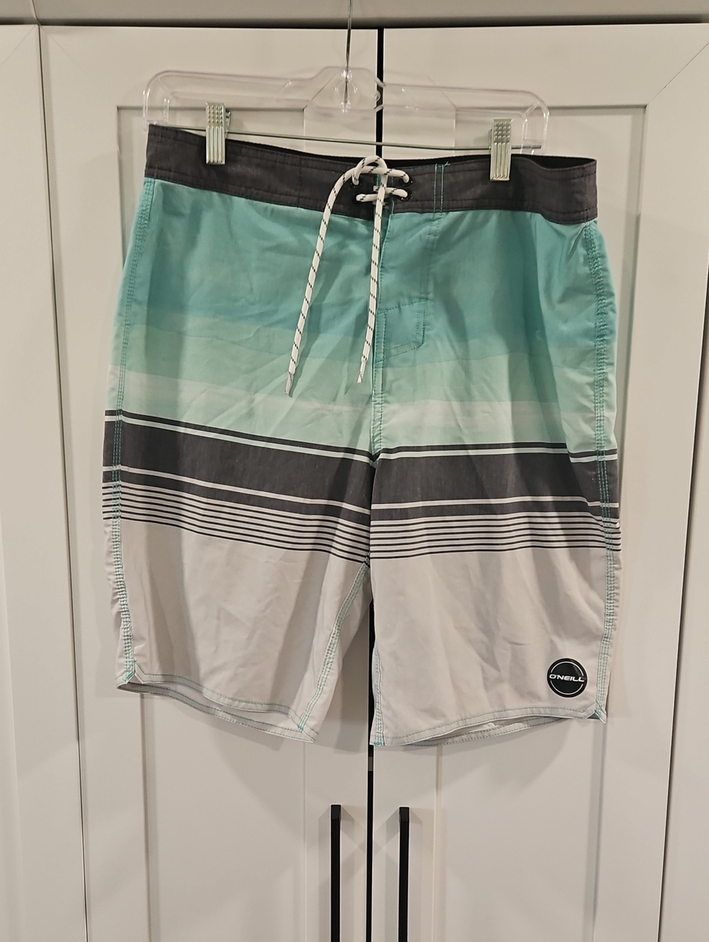 O'Neill Men's Mint Green, Gray & White Striped Board Shorts Size 32.